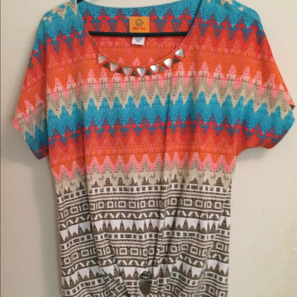 Colorful top dark teal and light pink and peach